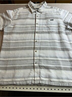 Eddie Bauer Blue & Black Striped SS Button-Down Shirt, XL, Linen/Cotton Blend